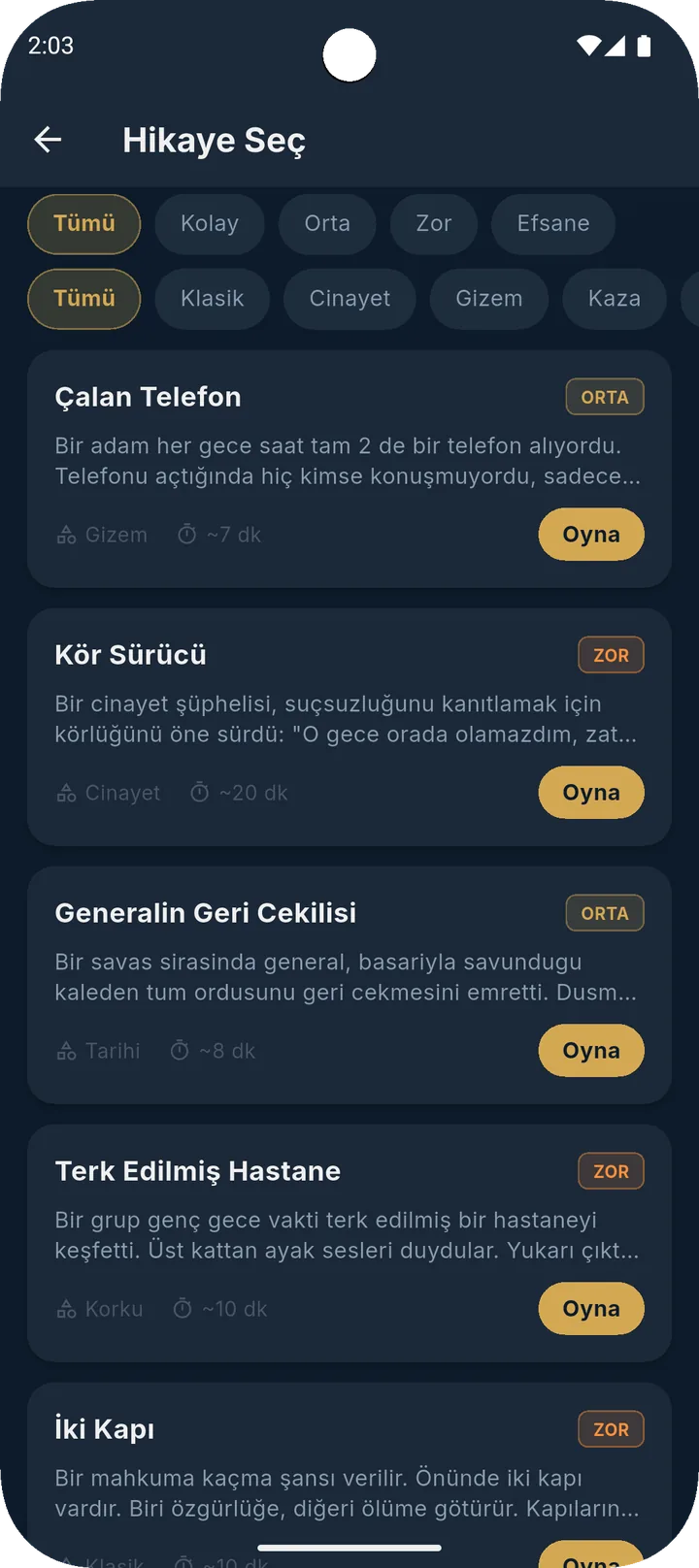 Zorluk ve kategoriye göre hikâyeler