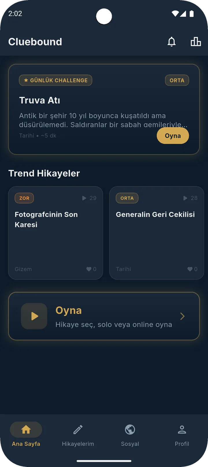 Ana sayfa ve Günlük Challenge